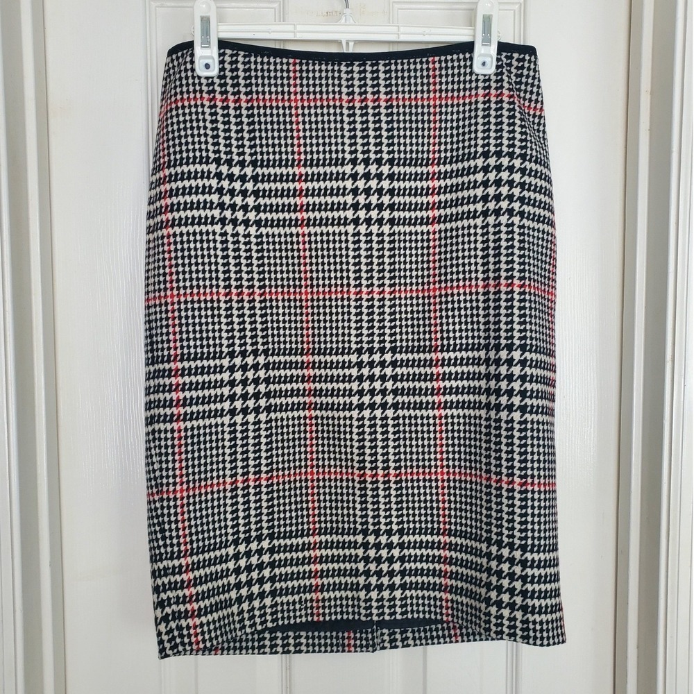 Talbots Skirt Black White Red Houndstooth Wool Blend Pencil Office 6P